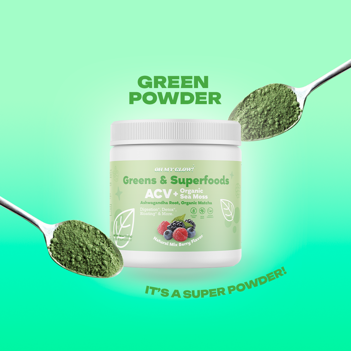 Oh My Glow! Super Greens Powder - ACV, Organic Sea Moss, Ashwagandha Root, Organic Matcha - Digestion*, Detox*, Bloating*, & More.