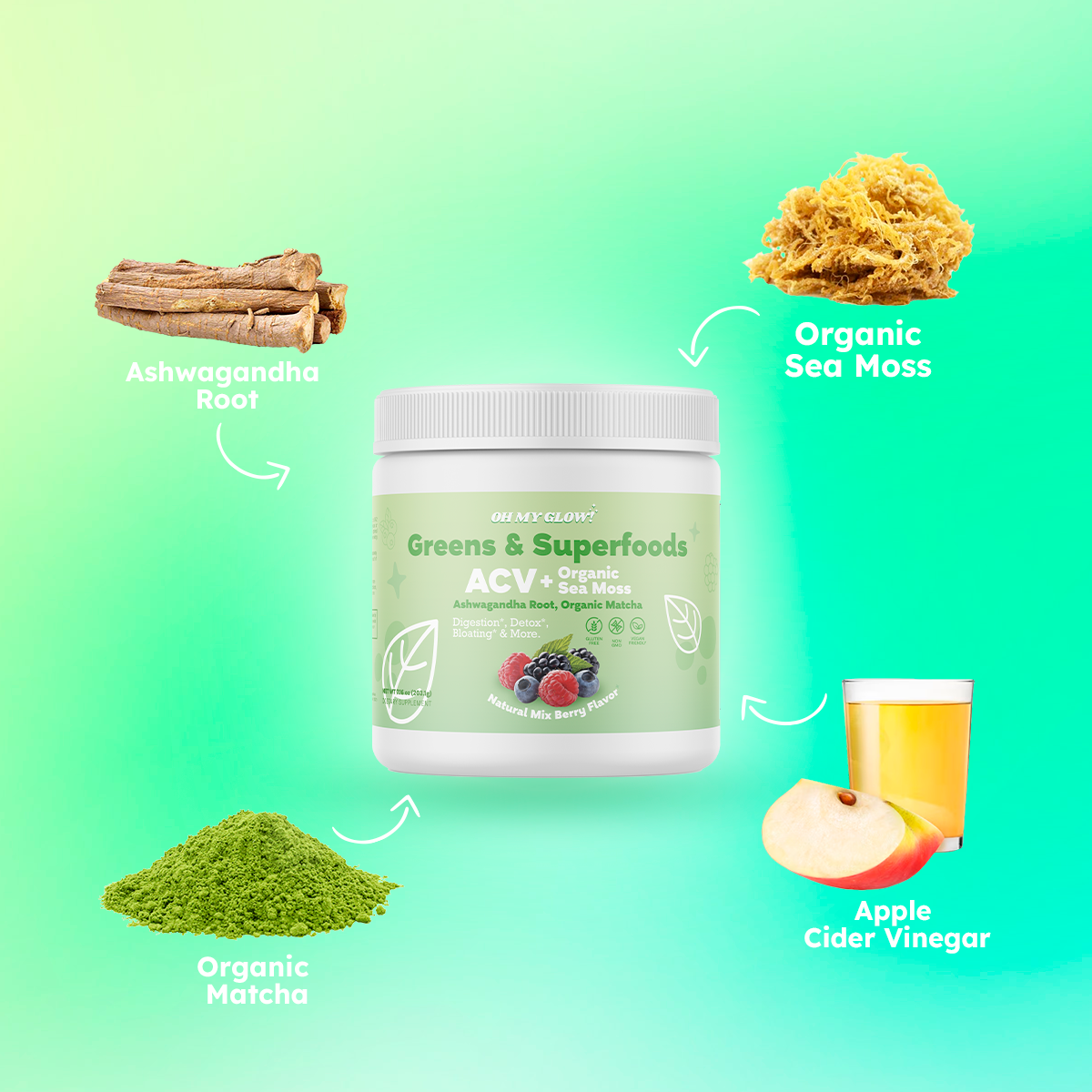 Oh My Glow! Super Greens Powder - ACV, Organic Sea Moss, Ashwagandha Root, Organic Matcha - Digestion*, Detox*, Bloating*, & More.