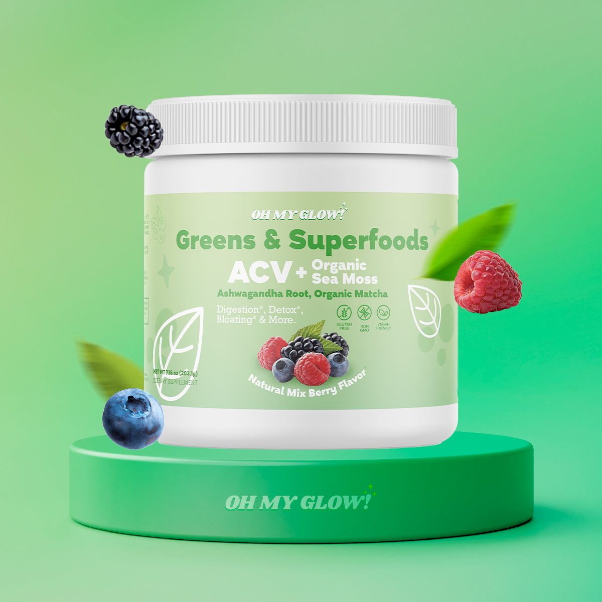 Oh My Glow! Super Greens Powder - ACV, Organic Sea Moss, Ashwagandha Root, Organic Matcha - Digestion*, Detox*, Bloating*, & More.