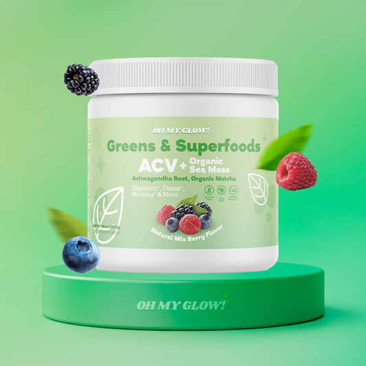 Oh My Glow! Super Greens Powder - ACV, Organic Sea Moss, Ashwagandha Root, Organic Matcha - Digestion*, Detox*, Bloating*, & More.